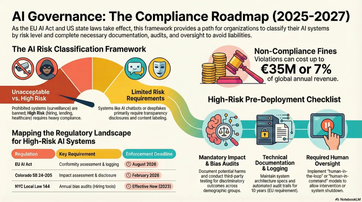 AI Governance: The Compliance Roadmap 2025-2027 - Visual framework showing AI Risk Classification (Unacceptable, High Risk, Limited Risk), regulatory landscape mapping, and high-risk pre-deployment checklist