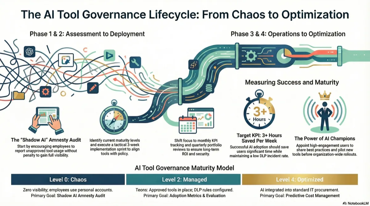 The AI Tool Governance Lifecycle: From Chaos to Optimization - Visual framework showing 4 phases (Assessment to Deployment, Operations to Optimization) with maturity model levels from Chaos to Optimized